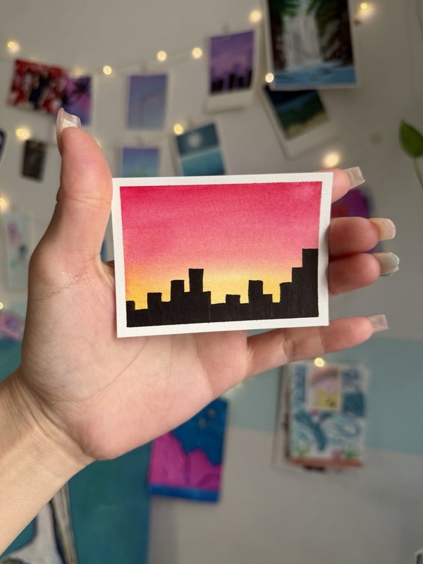 Original ACEO Sunset Cityscape Skyline Pink Orange Sky Silhouette 2.5×3.5