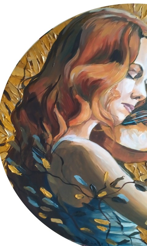 Acrylic painting on round panel original art with redhead girl with violin gallery