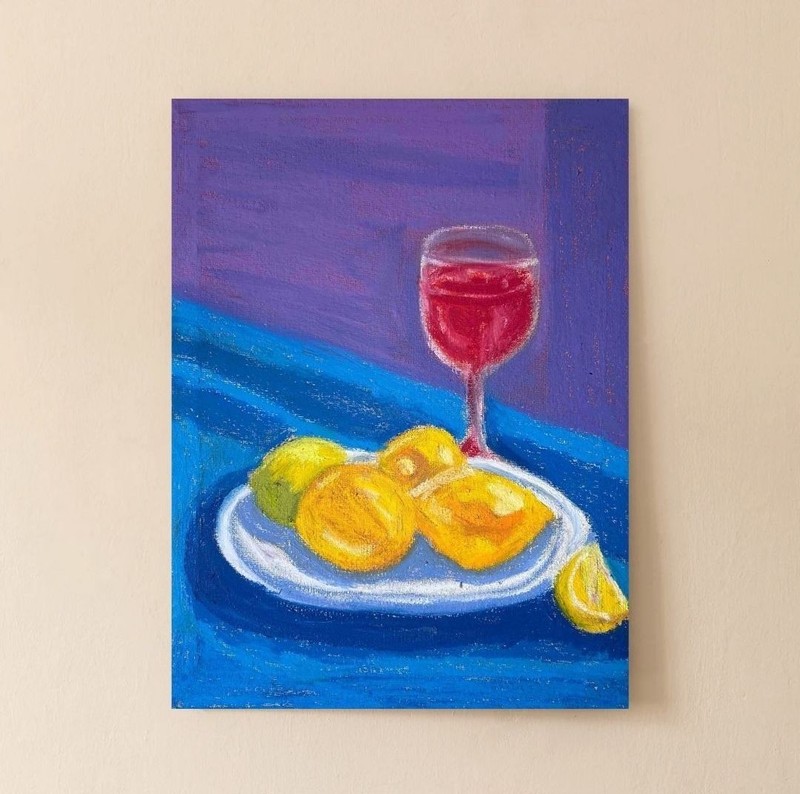 Original Still Life Painting Lemon and Wine – Oil Pastel and Acrylic 30×24 cm