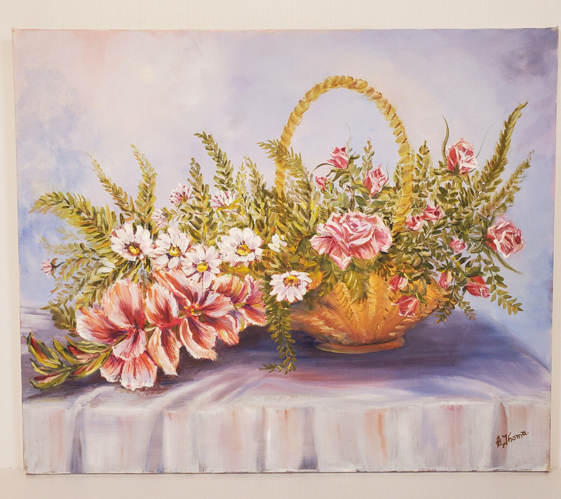 G Thoma Signed 20×24 Oil Canvas Painting Vtg Flowers in Basket Still Life Garden