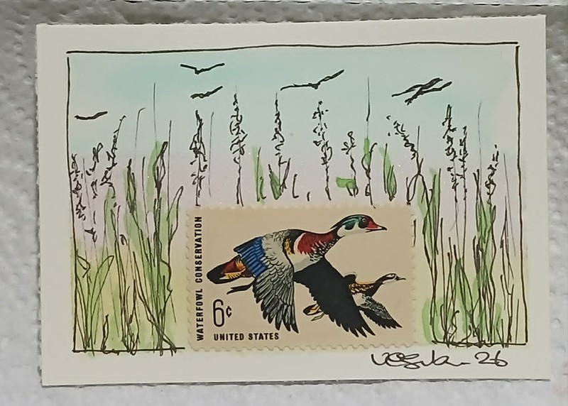 Waterfowl Conservation Ducks Postal Whimsy OOAK ACEO Watercolor Rising Sun Art