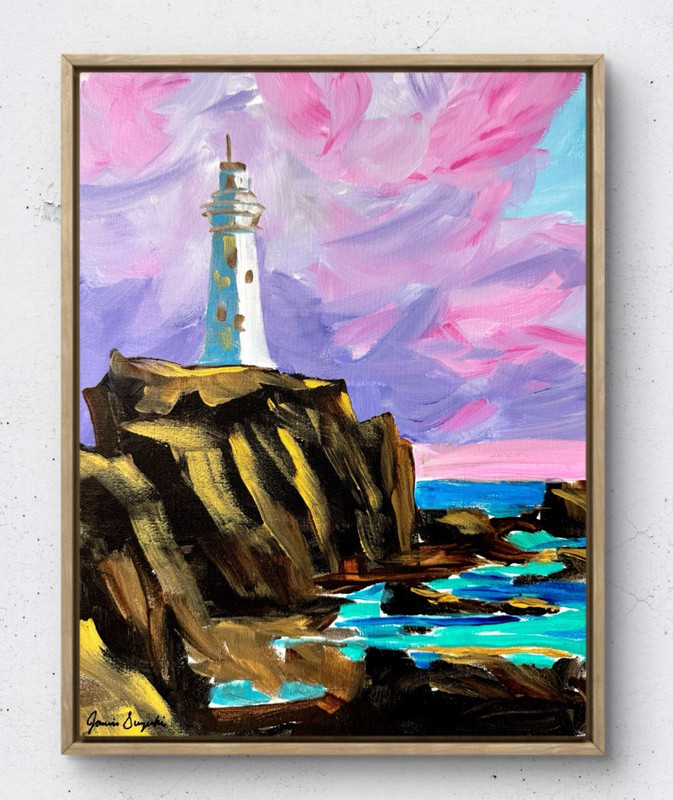 JANICEART 14x11 Original Lighthouse Sunset Pink Abstract Acrylic Canvas Wall Art