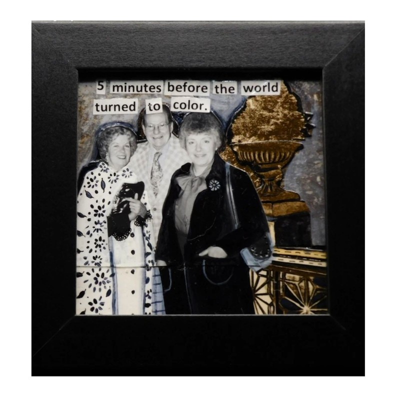 Framed Black White Party Time Original Naive Folk Outsider Art 4×4 Mixed Media