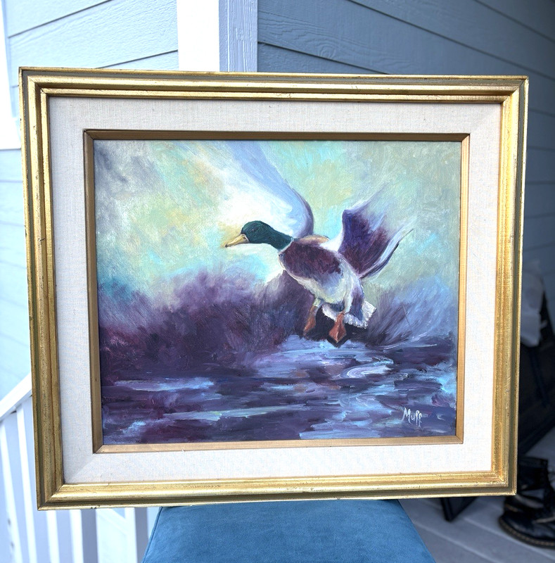 VNTG Original Oil Painting Framed Signed Duck in Flight Landing on Water 21×17.5