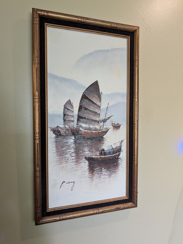 Orig Vintage Oil By P. Wong Artistic Interiors Set Of 2 Hong Kong Junk Boat gallery