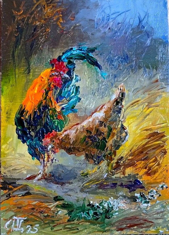 Painting «Rooster and Hen». Oil on hardboard. 5×7 inc. Handmade. 2025. Unframed