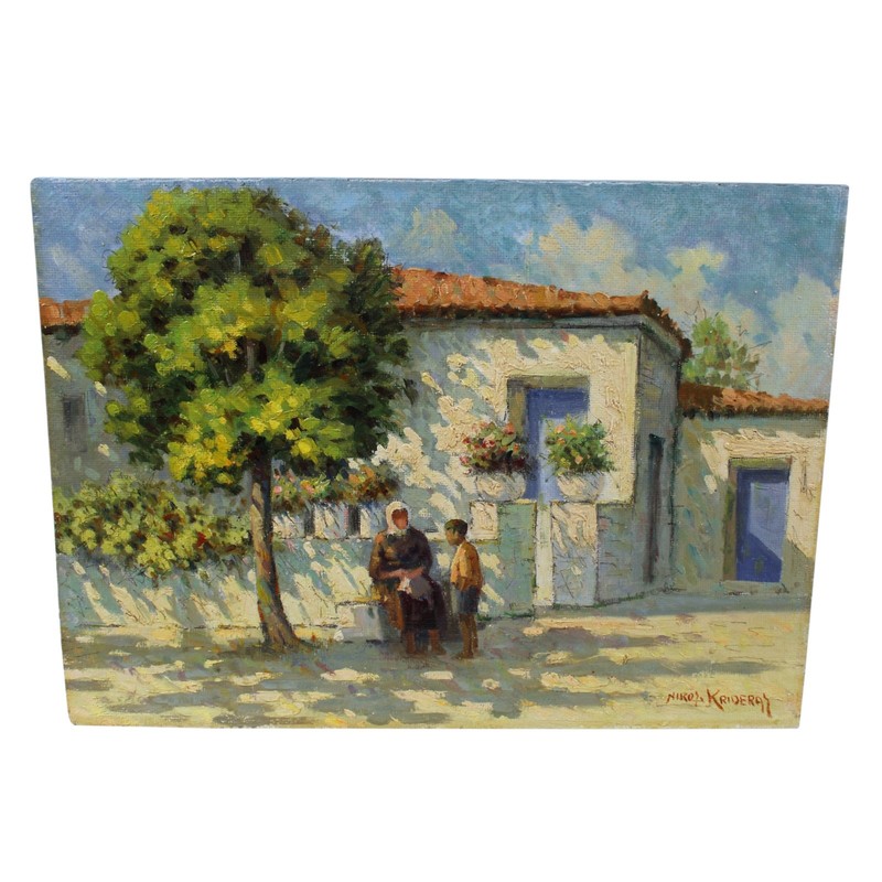 NIKOS KRIDERAS GREEK ART IMPRESSIONIST OIL PAINTING MEDITERRANEAN VILLAGE SCENE