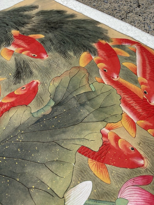 Chinese Fengshui Koi Fish Color Ink Scroll Painting Quality Large Wall Art gallery