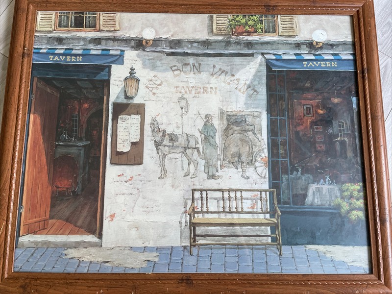 Au Bon Vivant Tavern by Viktor Shvaiko Print Vtg Distressed Frame 31.5X25 gallery