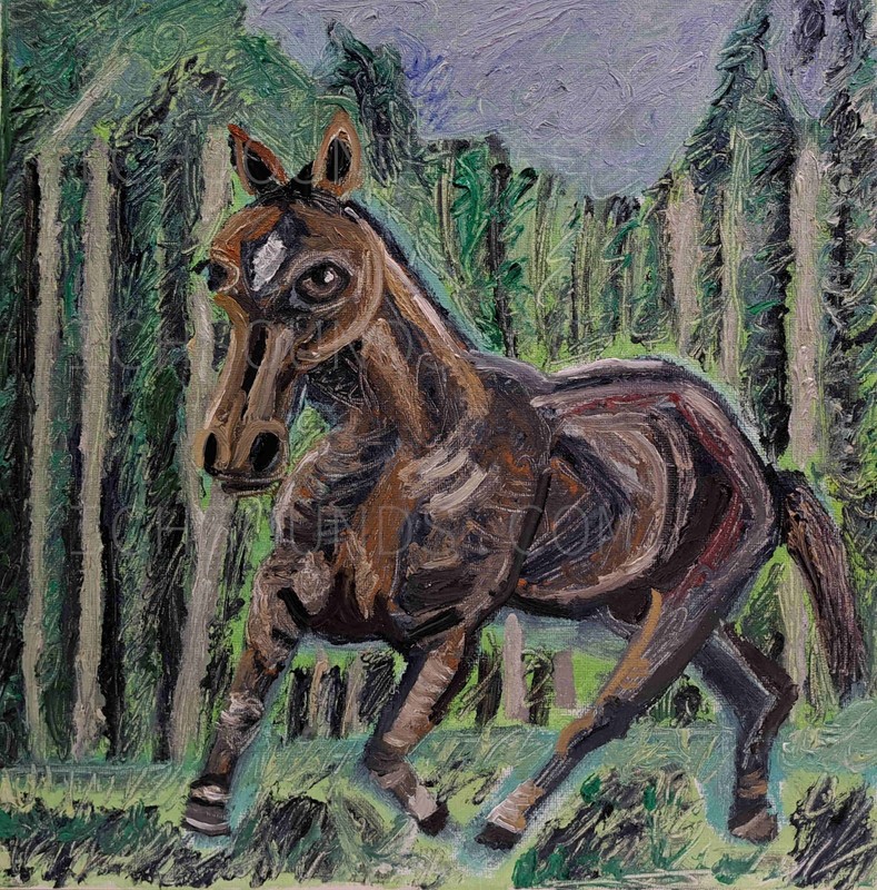 Original 12″x12″ horse oil painting on stretched canvas, signed on the back