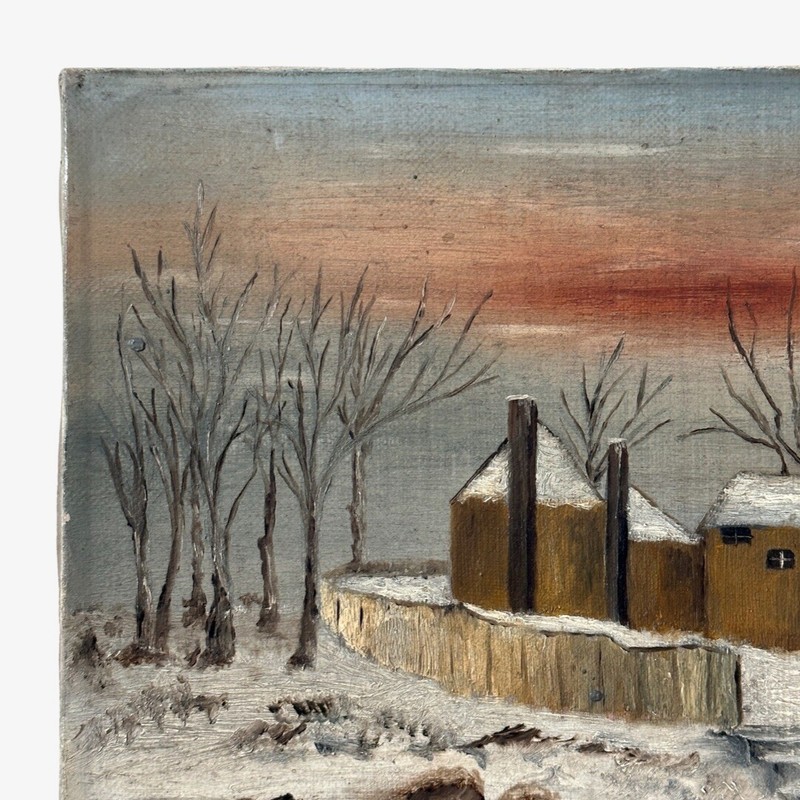Antique Folk Art Winter Landscape With Dog And Man, Oil On Canvas/Outsider Art gallery