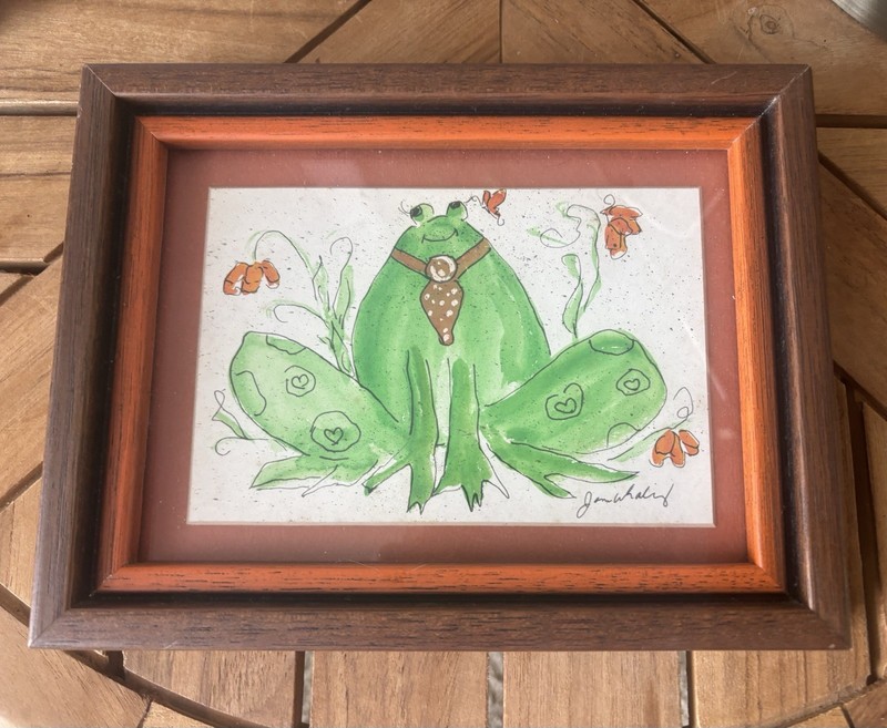 OOAK Vintage Frog Watercolor Painting Hearts Flowers Signed Framed Matted 9×7”