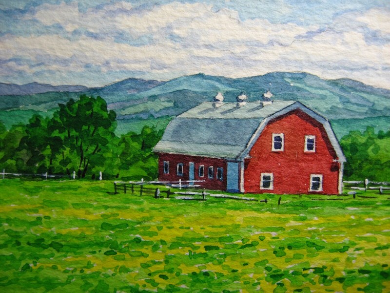 Watercolor Painting Farm Red Barn Landscape Country Nature Landscape ACEO Art