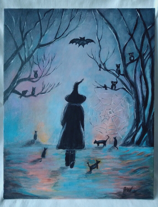 Spooky Witch Cats Autumn Original Acrylic Painting 11X14 Canvas Wall Art Decor