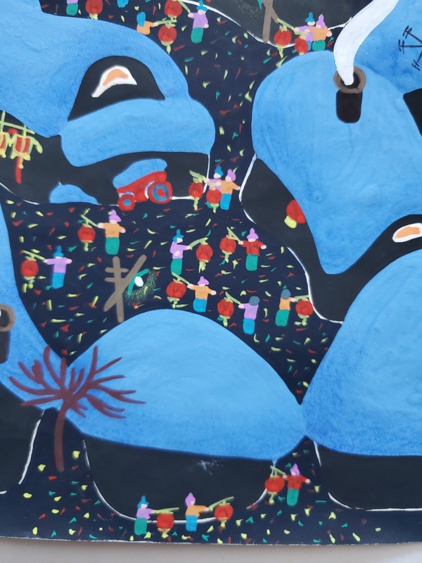 Chinese Folk Whimsical Signed Acrylic Gouache Painting New Year Festival Peasant gallery