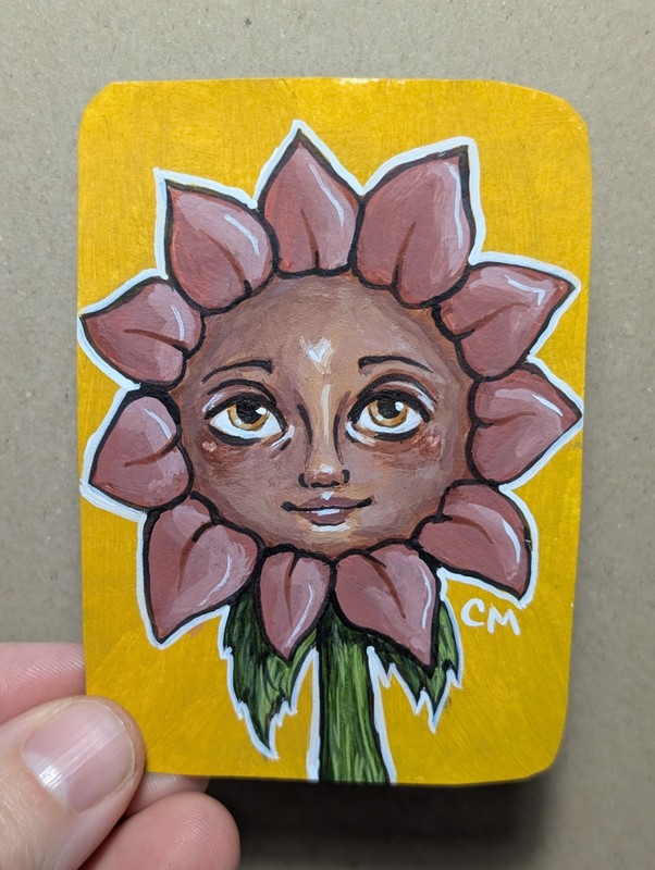 ACEO Original Sweet Baby Sunflower Face Acrylic Painting Hand Painted Art Card