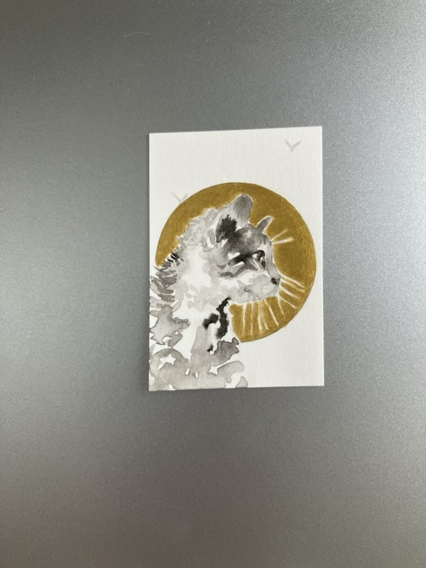 ORIGINAL Kitten Sunset Painting Cat Miniature Realism Art Sumi-e Gold Accent USA