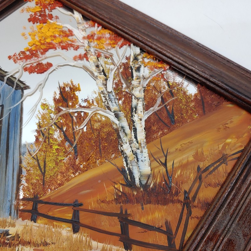 Original By Ram Royce McNett Painting On Mirror Framed Outhouse Fall Birch 15 in gallery