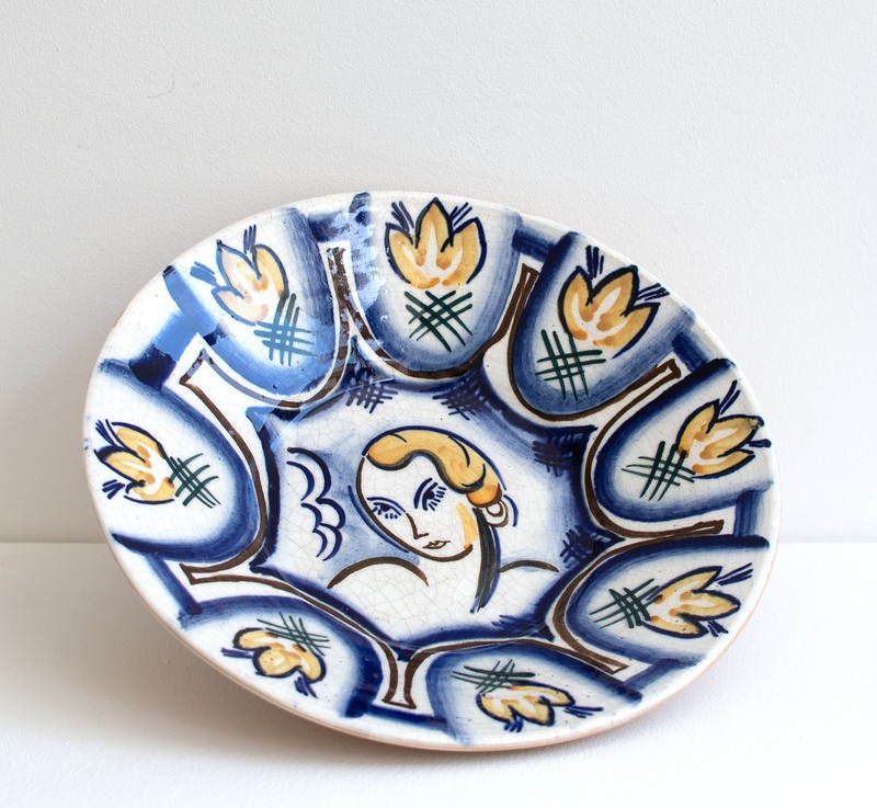 Wall Plate Ceramic Hand Painted Woman Flowers 1920s Art Deco RAKO Marked 28cm gallery