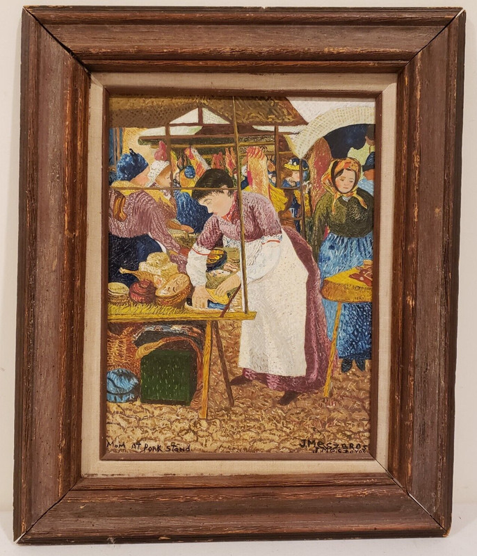 Mom at Pork Stand Market Scene Oil Painting Framed Art (17″ x 14″)
