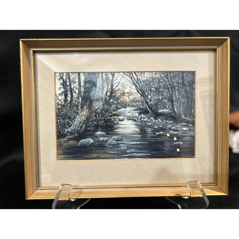 Framed Forest Stream Landscape Painting Rustic Woodland Art