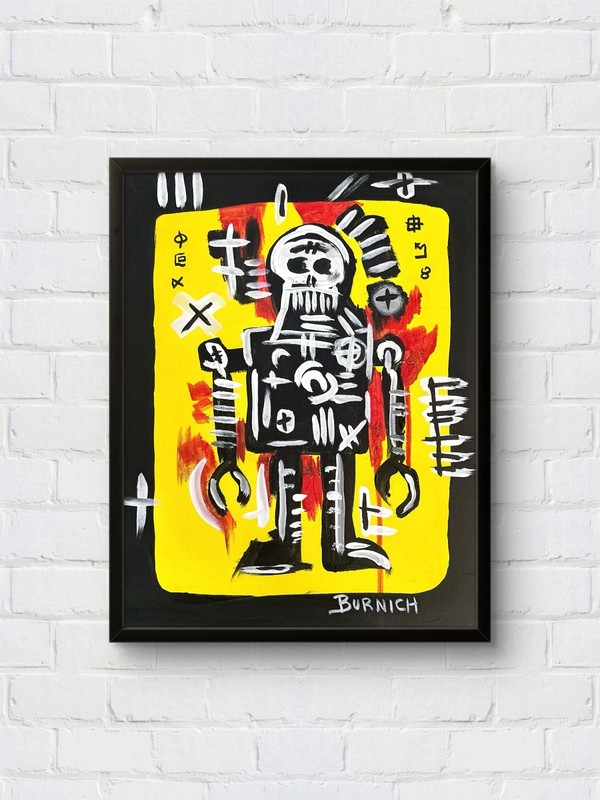 Burnich Original Robot Yellow Black 11x14 Canvas Pop Art Acrylic Painting Signed