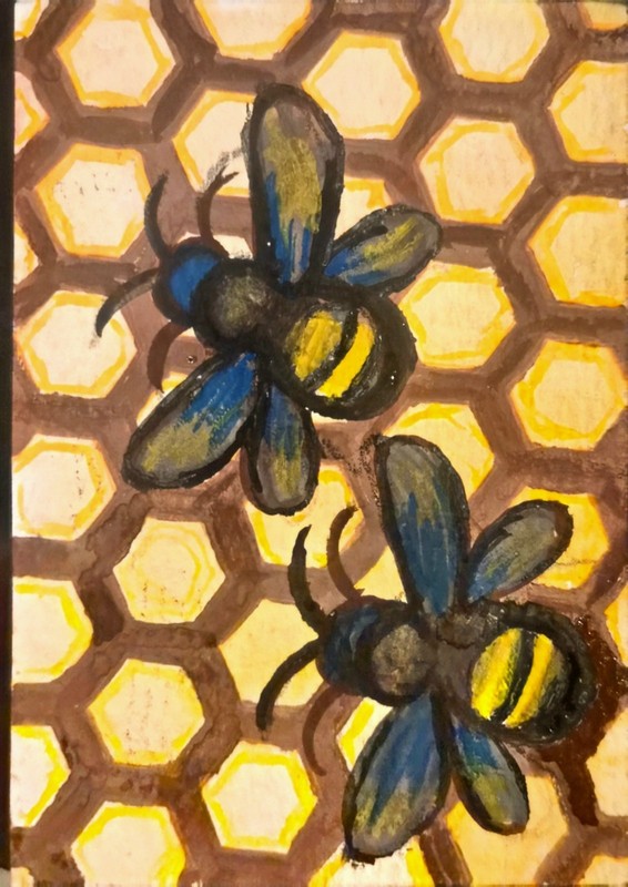 ACEO Original one of a kind Illustration Art Painting Bees on Honeycomb.