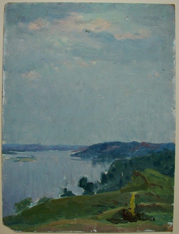 Ukrainian Soviet USSR Oil Painting impressionism landscape river sky clouds