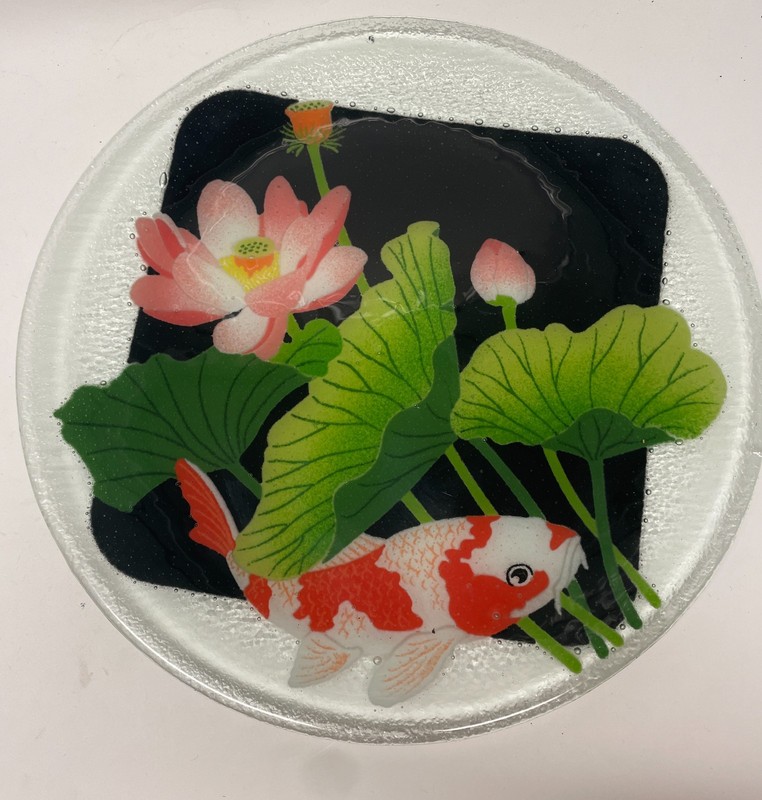 Hand-Painted Glass Art Plate Koi Fish Lotus Pond Asian Decor 12″ Round