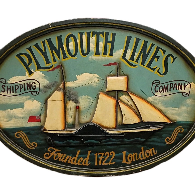 Plymouth Lines Shipping Company Hand Painted Picture RARE Vintage.