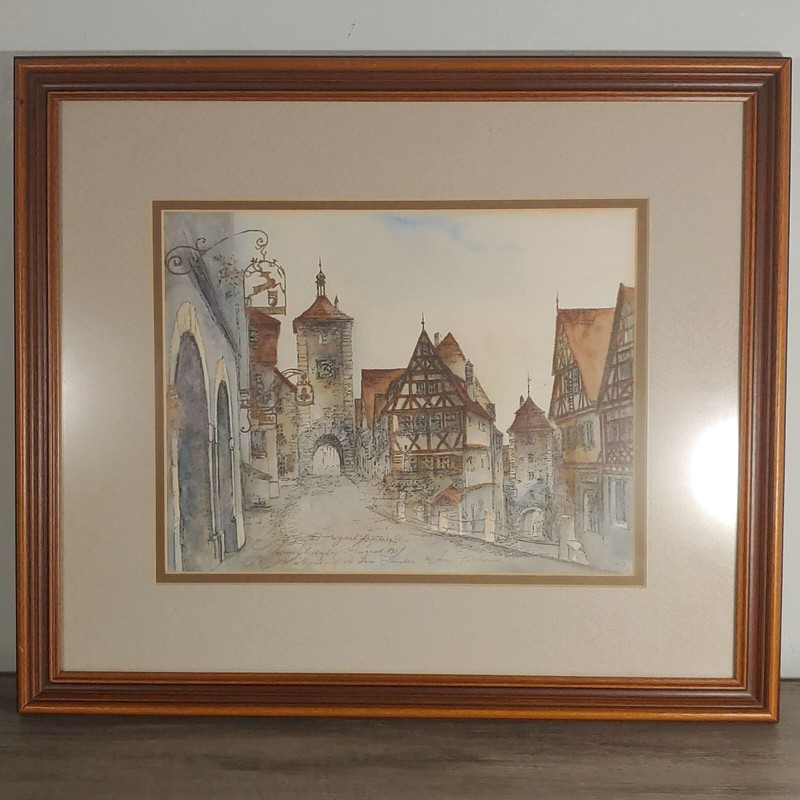 Framed Watercolor Painting Print Of Medieval Village 19"x18"