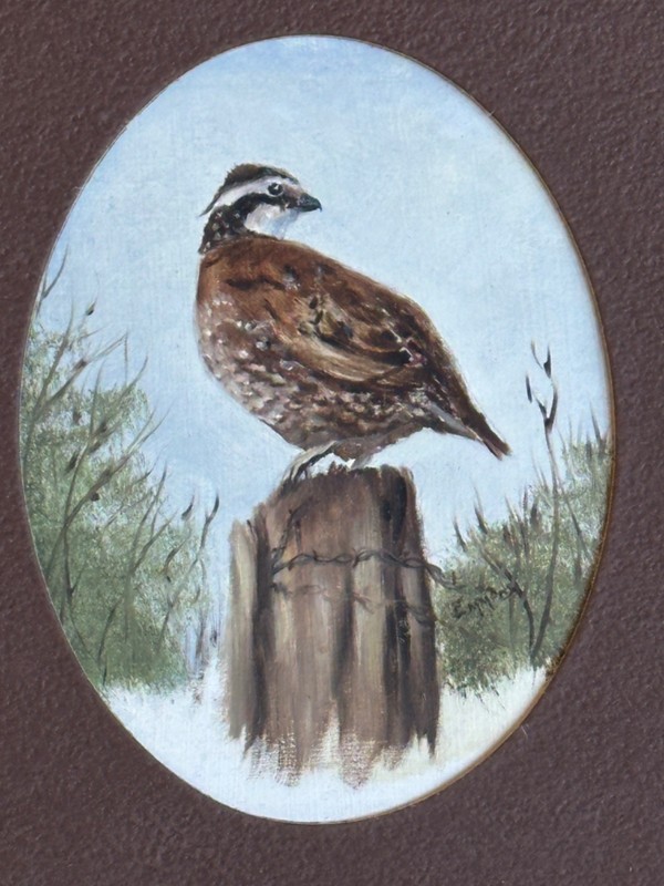 EMMONS ORIGINAL "QUAIL ON POLE OIL PAINTING ON PANEL BOARD FRAMED 10.75" X 8.75" gallery