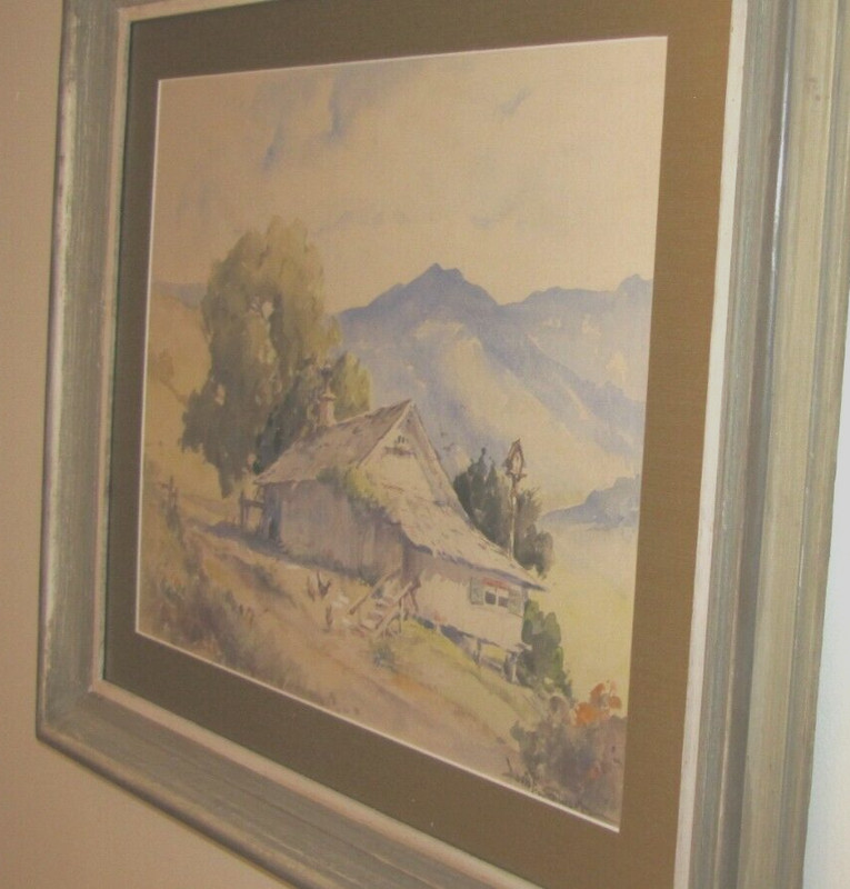 VTG Davis Francis Schwartz Watercolor, Ranch Home, Mountain, Chickens/Rooster gallery