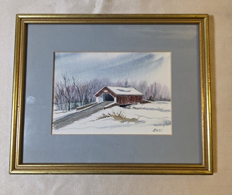 VTG PENNSYLVANIA Covered Bridge Painting Watercolor by SUSAN STOLL Framed Matted