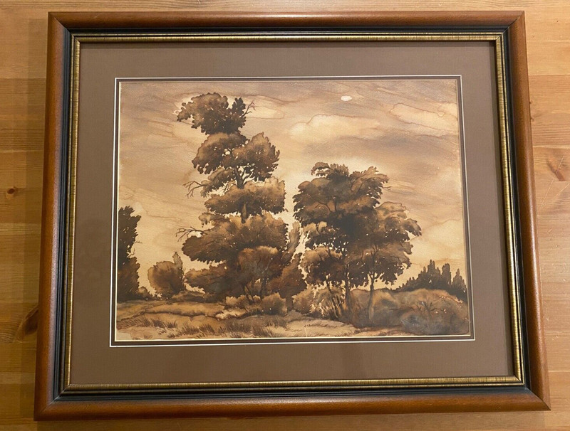 Watercolor Framed with Glass Double Matted Tree Excellent Cond Beautiful Frame