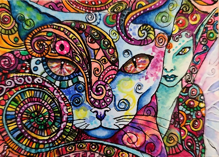 ACEO Original Painting OOAK – Cat and Fairy- Cat – Bartshe