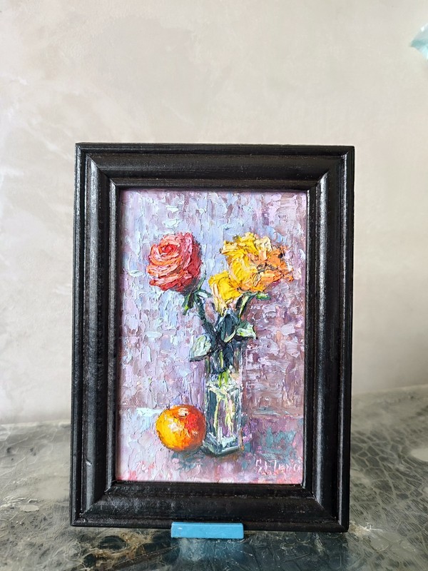 Original Red Yellow Rose Oil Painting Framed 5×7″ Impasto Still Life Floral Art