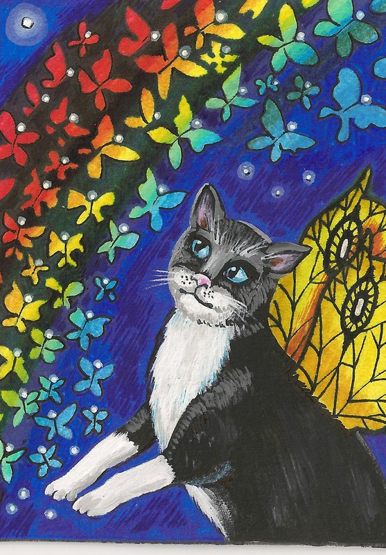 ACEO PRINT OF PAINTING TUXEDO BLACK CAT RYTA RAINBOW FAIRY BRIDGE Folk Art 🌺