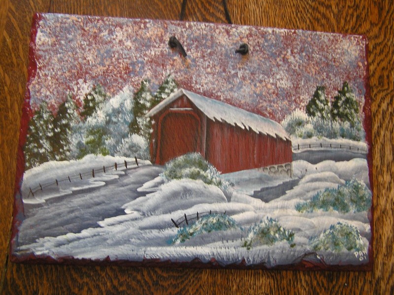 COVERED BRIDGE Winter Scene Hand~Painted Signed on Slate 12×8″ Burgundy Border
