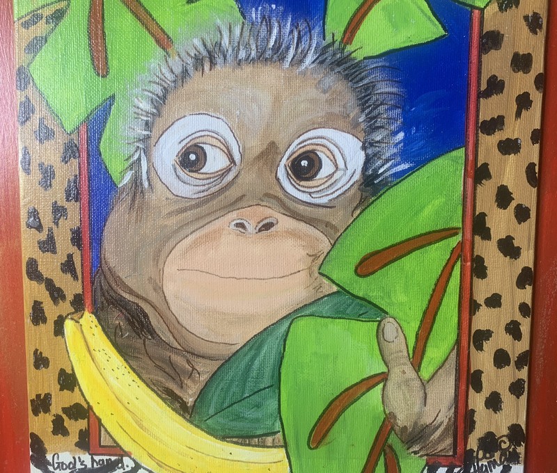 “God’s Hand…My Pen” Framed Acrylic on Canvas Signed By HB Hyman Orangutan Bright gallery