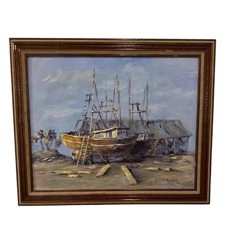 Vintage Original Oil Painting of Boats and Shipyard by T. Kuiper, Rustic Maritim