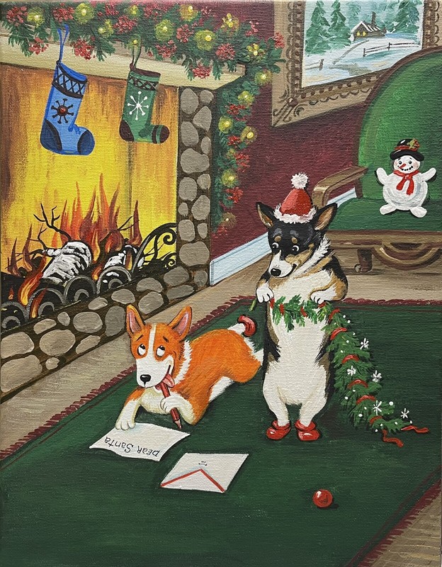 8×10 PRINT OF FOLK ART PAINTING PEMBROKE WELSH CORGI RYTA CHRISTMAS Santa Letter