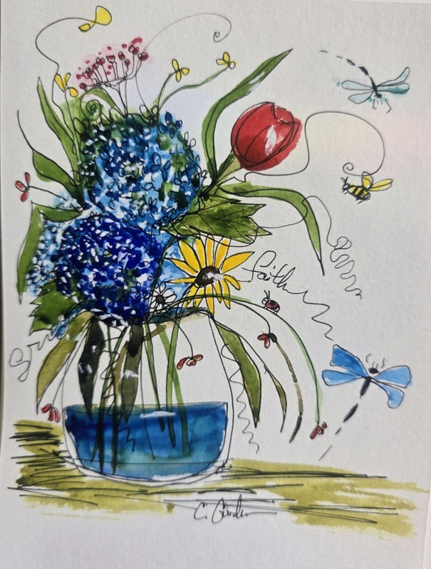 Original Signed Watercolor Painting. Floral. Line and Wash. Bouquet. Gift