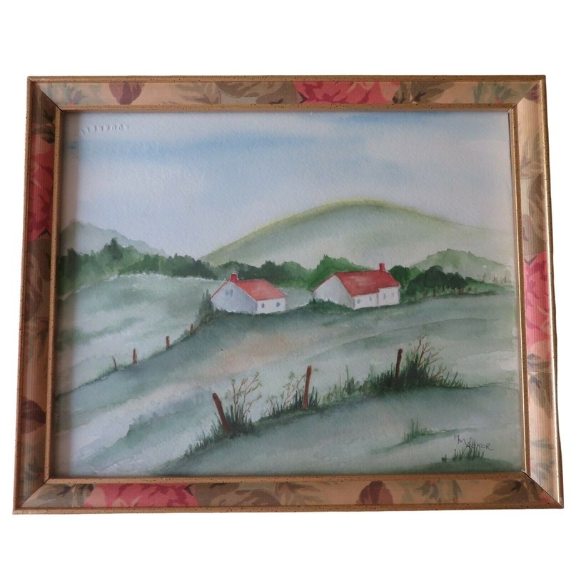 Original Watercolor Landscape Painting with Red Roof Houses Framed