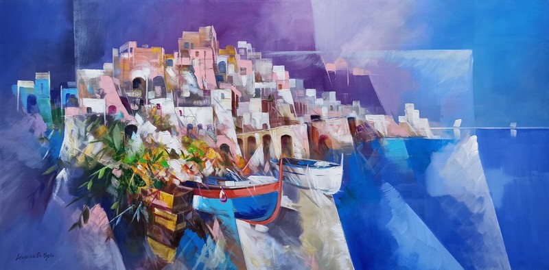 AMALFITAN PAINTING ABSTRACT CANVAS ORIGINAL by LEONARDO DE MEGLIO QUIET SEASIDE