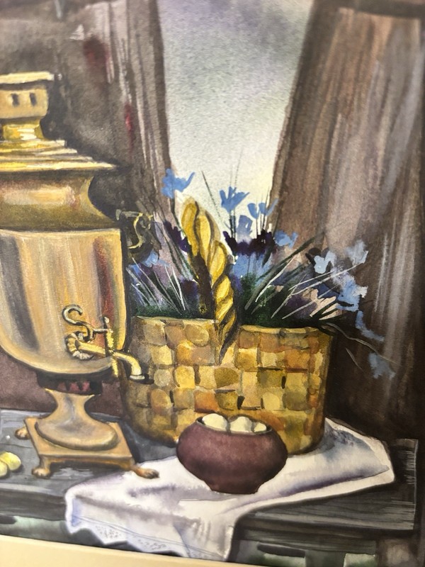 Vintage Signed A. Erwin 1991 Framed Still Life Samovar Rustic Country Art gallery