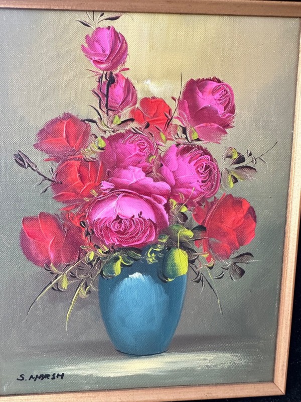 Beautiful Original Oil/Acrylic Painting On Canvas Vase Of Roses By S. Marsh gallery