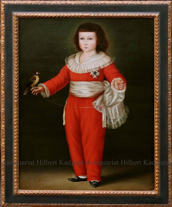 «Boy portrait» oil painting on canvas (doubled) from approx. 1800 with frame