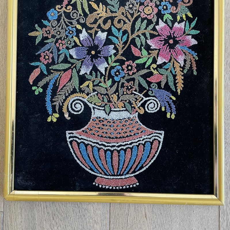 Vintage 1970s MC Vase Flowers Retro Sand Gravel Art On Black Velvet gallery