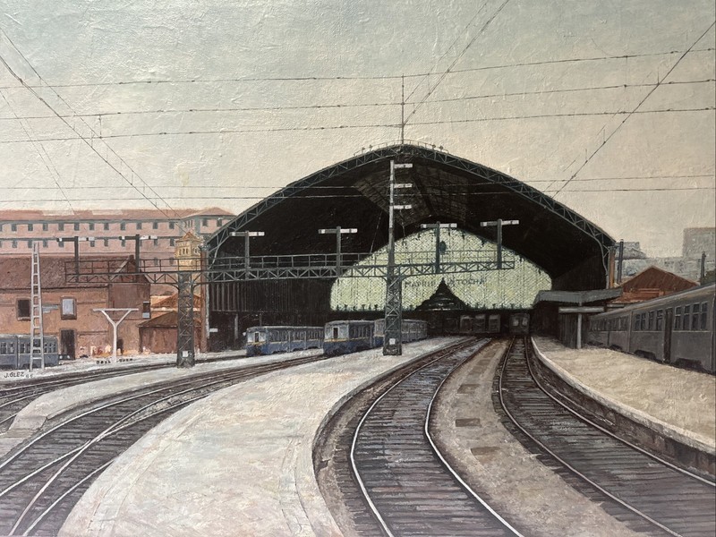 VINTAGE TRAIN STATION PAINTING URBAN REGIONALISM TRACKS RAILROAD ARCHITECTURE gallery